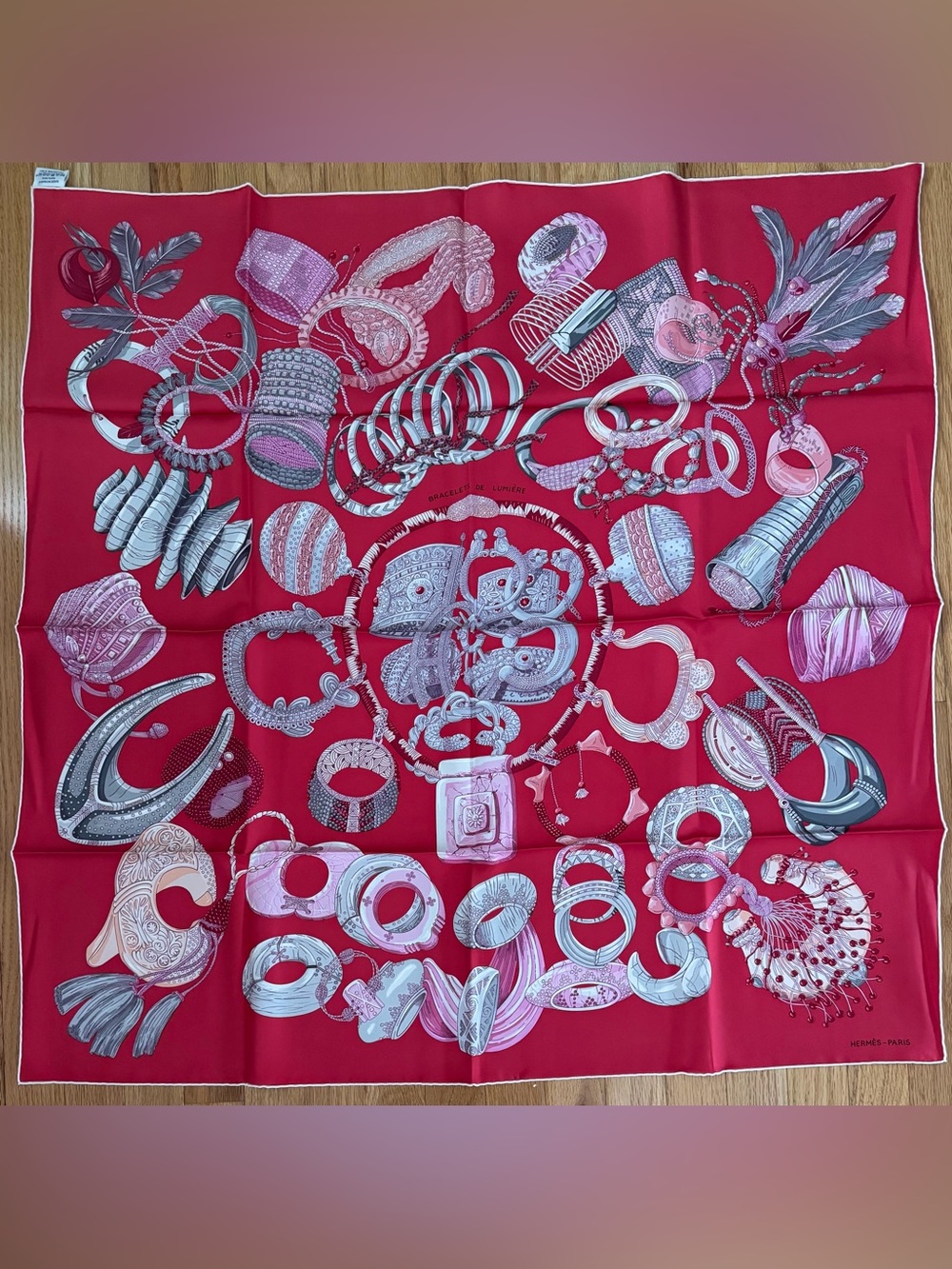 Hermes Scarf Red Faivre Carrie Light Bracelets 100%Silk